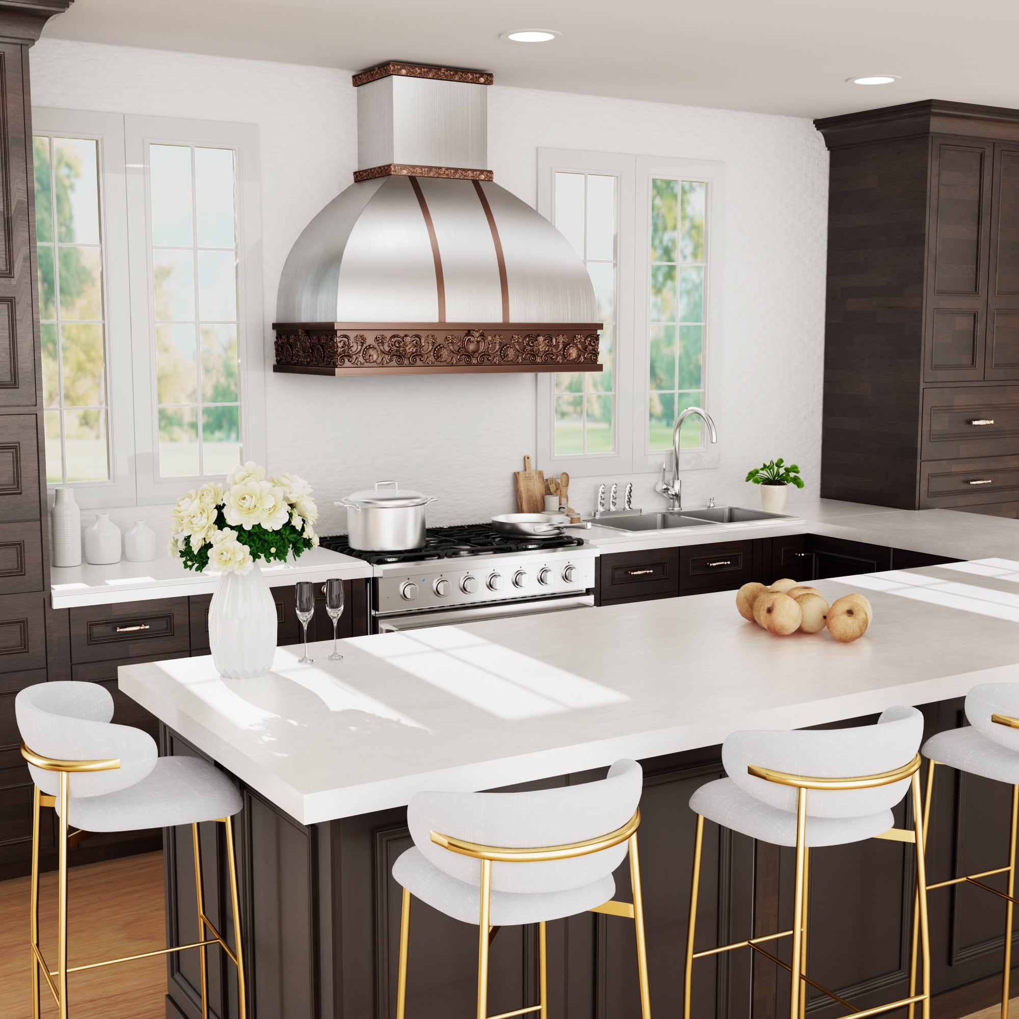 kitchens with copper cutsom range hoods 