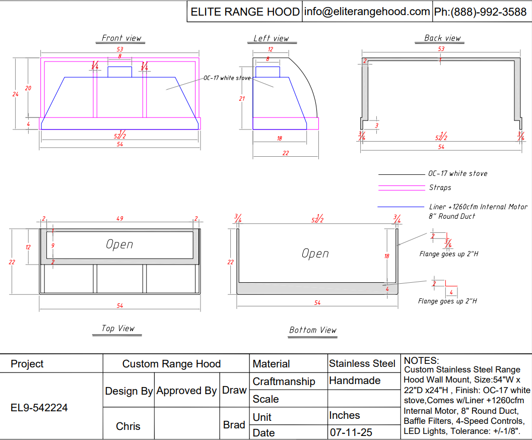 ELITE Chicago Custom Under Cabinet Stainless Steel Stove Vent Hoods for Julie