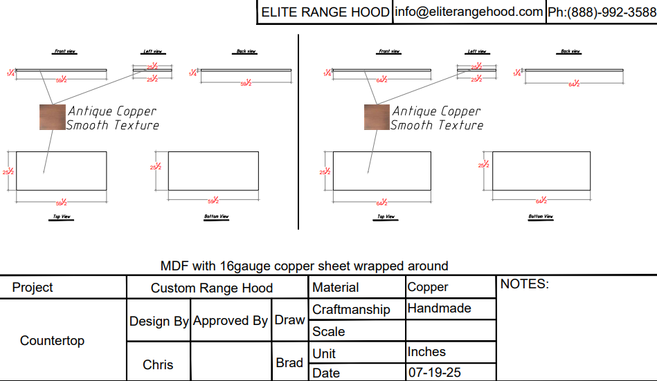 ERH Custom Copper Metal Countertops with Flat Edge for Shanda-50% deposit